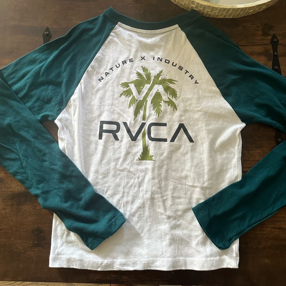 RVCA woman’s Teal and White Raglan Long Sleeve Tee